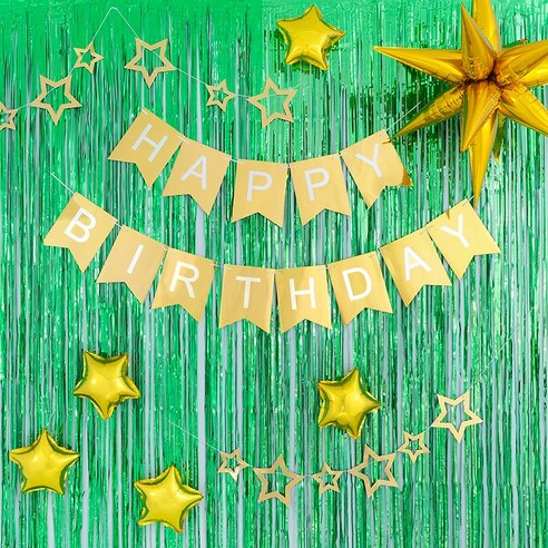 파티팡 생일파티 은박커튼+가랜드 장식세트 [그린 유광골드] 손펌프증정 장식방법동봉 생일파티 파티용품 파티풍선, 1개