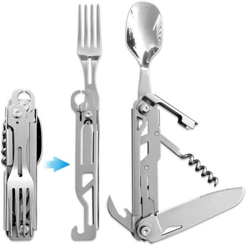 6-in-1 Detachable Camping Utensils Flatware Set - Multi-Function Travel Pocket Cutlery Folding Spoon