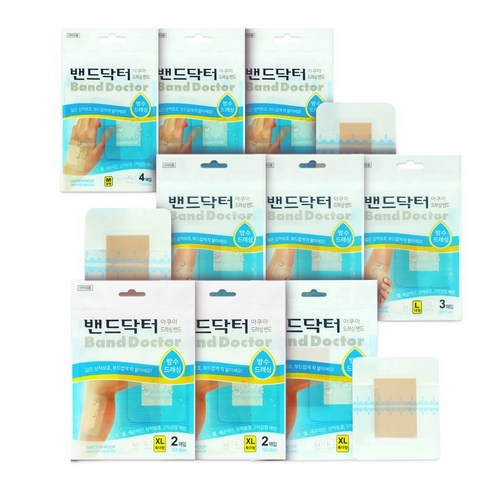 밴드닥터 아쿠아드레싱 밴드 M중형4매 X 3개 + L대형3매 X 3개 + XL특대형2매 X 3개 방수드레싱밴드 3종 세트, 아쿠아드레싱밴드 중3개+대3개+특대3개