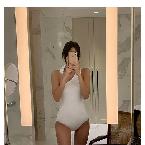 DFMEI 슬로핑 숄더 원피스 수영복 여성 딥 브이 비치 스파 수영복, DFMEI 흰색