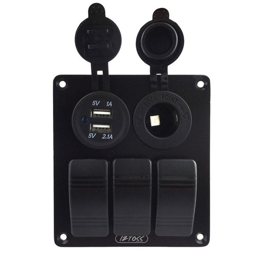 3 12V-24V 듀얼 USB 충전기 전원 소켓이 있는 로킹 스위치 어셈블리, 110mm x 100mm x 90mm, 플라스틱 구리, 블랙
