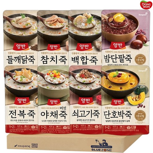 [블루존] 동원 양반죽 간편식 파우치 8종 420g 전복죽+쇠고기죽+단호박죽+버섯야채죽+들깨닭죽+백합죽+밤단팥죽+참치죽, 1개