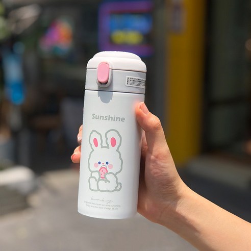 [LM] 380ml 귀여운 곰 보온병 스테인레스 스틸 보온 만화 스포츠 차 보온병 빨대, Gray