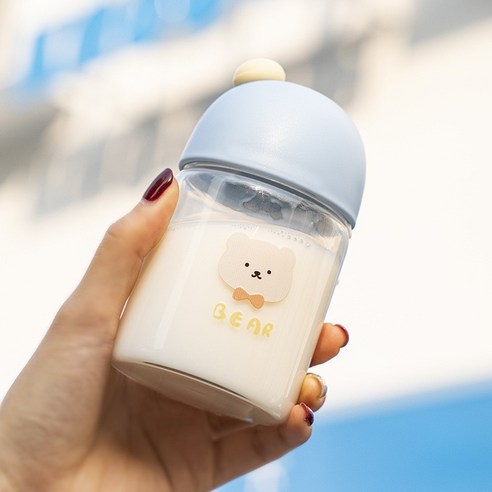 딜러벨 물컵 작은 붉은 꽃 유리컵 휴대용 핸드컵 컵 밀봉 가방 수행컵, 곰돌이 버섯 블루, 300ml