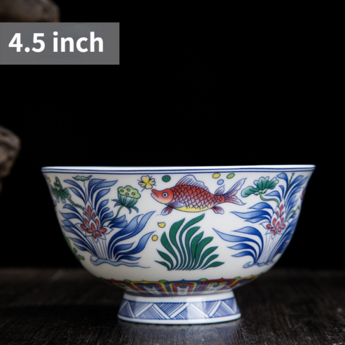 Jingdezhen 세라믹 그릇 중국 물고기 패턴라면 그릇 빈티지 파란색과 흰색 도자기 장식 그릇과 접시, 4.5 inch bowl