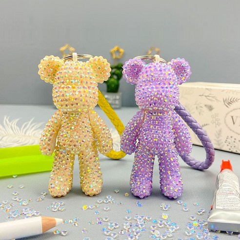 DIY 보석십자수 비즈 곰돌이 키링 만들기 8종, 1개, 7.골드&옐로우멀티