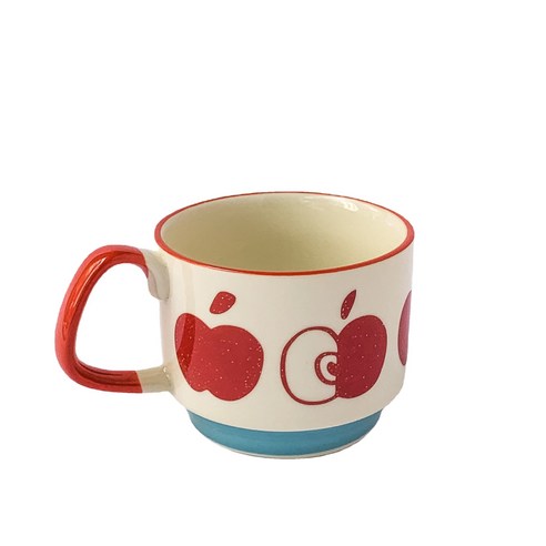 ANKRIC 물컵 일본 세라믹 손으로 그린 간단한 복고풍 컵 아침 식사 컵 우유 컵 꽃 티 컵은 전자 레인지에서 사용할 수 있습니다., 빨간 사과