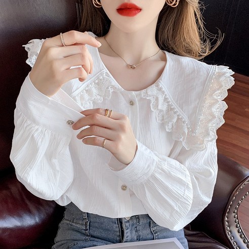 KORELAN 실사 레이스인형넥 셔츠여 봄가을에 스위트 박시 퍼프소매 숏 긴팔 상의