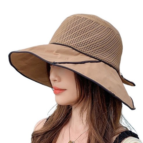 여름 캐주얼 리본 차양 모자, M（56-58cm）, 카키