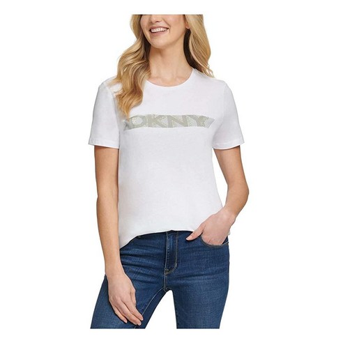 DKNY 여성용 화이트 장식 반소매 크루넥 티셔츠 XL 화이트.