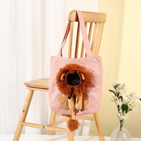 이지유 사자 빼꼼 이동 가방 고양이 강아지 캔버스 에코백, 1개, 핑크