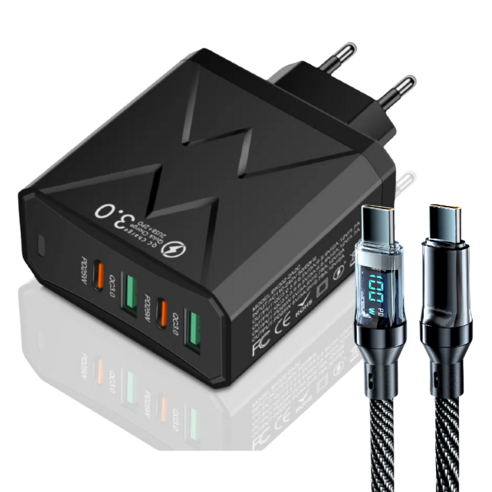 USB+PD 4포트 멀티 고속충전기 100W+ 2m LED 디스플레이 고속 충전 케이블, 블랙, Typec-Typec