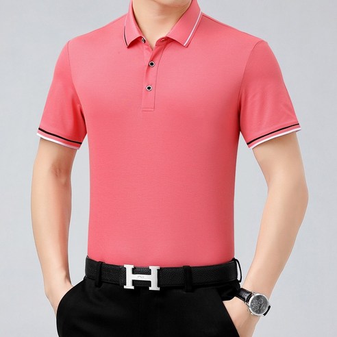 DFMEI 남성용 반팔 티셔츠 느슨한 얇은 중년 비즈니스 캐주얼 뽕나무 실크 옷깃 여름