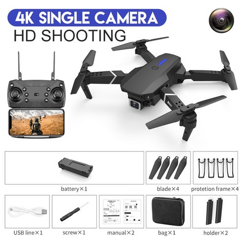 신제품 E88Pro RC 드론 4K 2022 P 와이드 앵글 HD 카메라 접이식 헬리콥터 와이파이 FPV 높이 고정 선물 장난감 1080, Black Dual4K Bag 1B