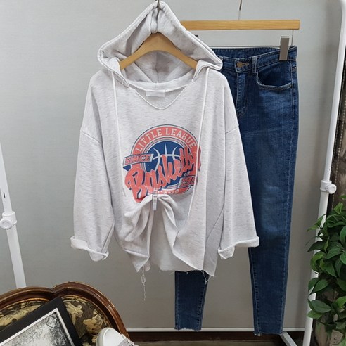 상상그이상 여성용 오버핏 귀여운 바스켓 프린팅 후드 티셔츠 루즈핏 후드티