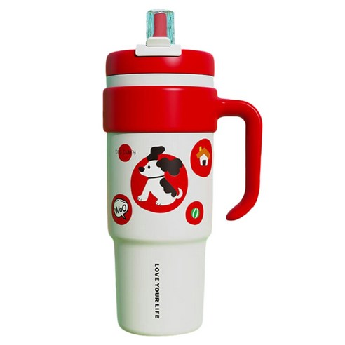 StarR 도그 다이어리 대용량 스트로우 보온 텀블러, 레드, 1개, 1.25L