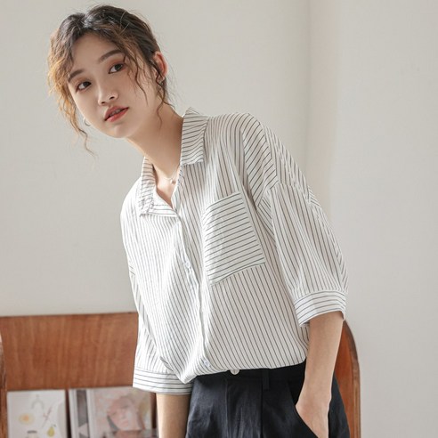 DFMEI 레트로 폴로 칼라 줄무늬 셔츠 여성 디자인 감각 틈새 느슨한 모든 경기 반 티크 탑 새로운