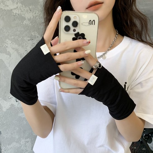 여름 면 자외선 차단 장갑 여자 반지 운전 미끄럼 방지 통기 흡한 얇은 자외선 방지 짧은 스트라이프 슬리브, 검은색