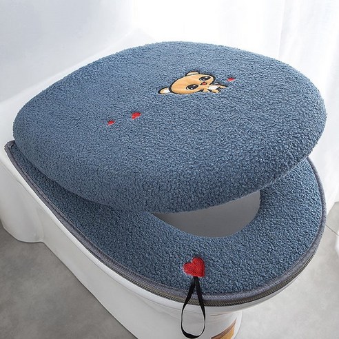 커버 방수 보편적 인 두꺼운 변기 쿠션, 테디 벨벳 블루 지퍼_세트（화장실 매트+
