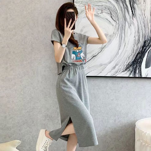 besteffie 여성원피스 봄 여름 라운드넥 루즈핏 캐릭터패턴 허리밴딩 옆트임 캐주얼원피스 빅사이즈 C22