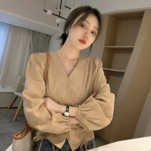 여성 블라우스 오피스 데일리 긴팔 셔링 퍼프 블라우스