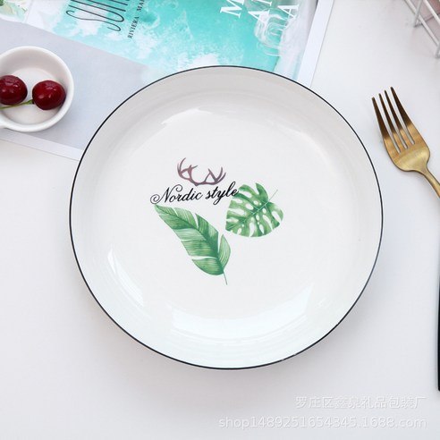 KORELAN녹색 식물 접시 숲 시리즈 도자기 접시 창의 심플한 양식 접시 북유럽풍 접시 아침식사 접시, 사슴뿔 나뭇잎, 7인치 접시 한 상자당 60개