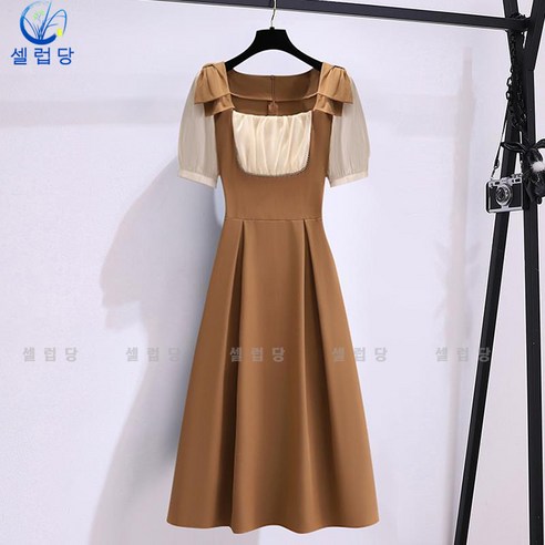 셀럽당 빅 사이즈 여성 빈티지 스퀘어넥 허리 조임 슬림 원피스