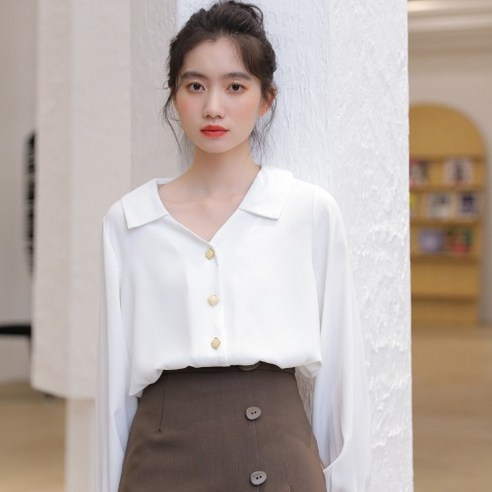 DFMEI 세련된 퓨어 컬러 긴 소매 V 넥 셔츠 디자인 감각 틈새 새로운 한국어 스타일 프랑스어 스타일 세련된 인치 셔츠
