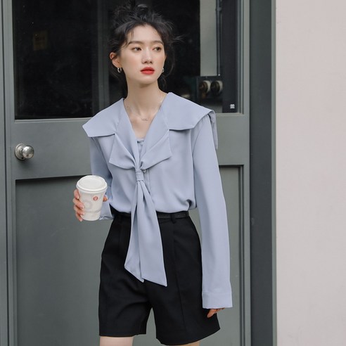 KORELAN 새로운 복고풍 V 넥 기질 디자인 틈새 탑 느슨한 긴팔 쉬폰 셔츠 여성