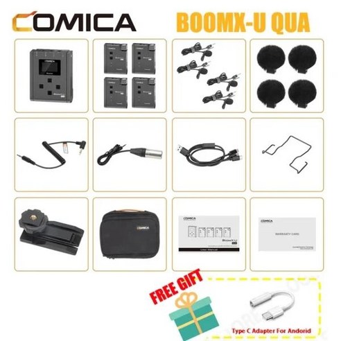 Comica BoomX-U QUA 4 채널 UHF 무선 라 발리에 마이크 시스템 카메라 폰 비디오 촬영 VS Comica BoomX-D D1 D2, Type-c