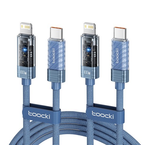 Toocki 스마트 전류차단 투명 PD 100W c to c 타입 초고속충전 케이블, 2개, 파랑, 1m