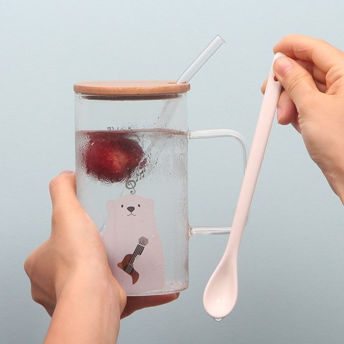 DFMEI 크리에이티브 러블리 머그컵 빨대 뚜껑스푼 대용량 내고온 유리컵 오피스 남녀컵, DFMEI 뮤직베어 [대나무뚜껑, 스푼, 빨대, 코스터