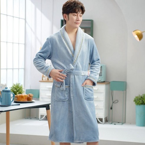 DFMEI-Y 가을 겨울 겨울 겨울 두꺼운 잠옷 플란넬 목욕 가운 가운 원피스 산호 양털 잠옷 남성, DFMEI 남성 가운 리본 라이트 블루, 170(L)