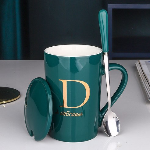 DFMEI 뚜껑이 달린 물 컵 머그 스푼 커피 컵 컵 남녀 커플 우유 세라믹 가정용 대용량, DFMEI D- 레터, 진정한 골드-잉크 그린 green 컵+커버+스테인레스