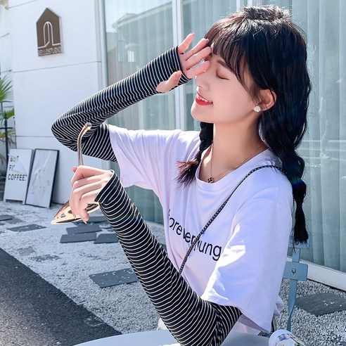 DFMEI ins 스트라이프 선 스크린 슬리브 여성 여름 남성 소매 아이스 실크 소매 팔 소매 얇은 팔 소매 모두 일치, DFMEI 줄무늬 검정