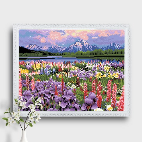 오늘의오브제 DIY 보석십자수 캔버스형 50x40cm, 1개, B1_11_설산이 보이는 꽃밭