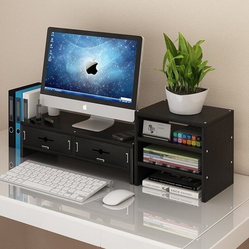 【Computer Rack】【컴퓨터 랙】컴퓨터 디스플레이 화면 높이 랙 높이 탁상용 데스크탑 스토리지 랙 데스크 스토리지 선반 기본, 더블레이어파티션+세레이어블랙호두(2서랍)
