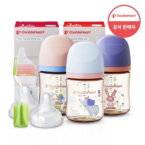 더블하트 모유실감3세대 싱글젖병 1+1(젖꼭지포함)+젖병세척솔, 1세트, 240ml, 한글(M젖꼭지포함)