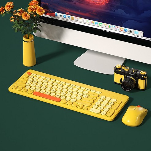 [시요] 2.4G 무선 게임 키보드 및 마우스 세트 라운드 키 캡 컴퓨터 노트북 PC 게이머 액세서리를위한 조용한 무선 키보드 마우스, Yellow Set