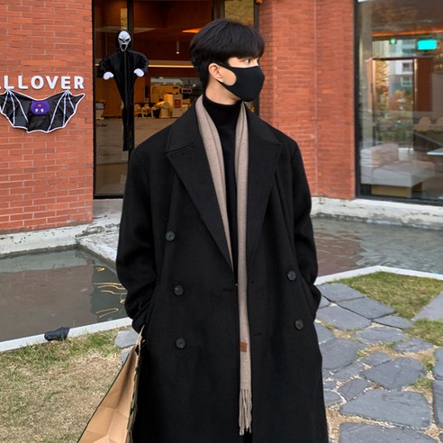 중간 길이 모직 코트 남성 한국 스타일 가을 겨울 두꺼운 모직 무릎 위 트렌치 코트