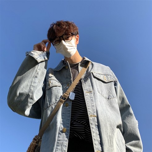 DFMEI 찢어진 데님 코트 남성 패션 브랜드 느슨한 홍콩 스타일 젓가락 봄과 가을 새로운 복고풍 커플 거리 자켓