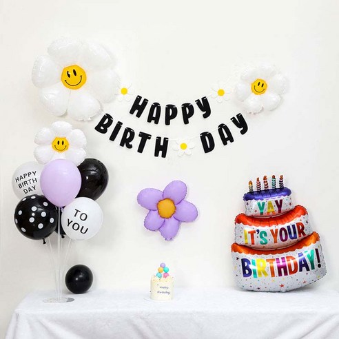 [피앤비유니티] 캐릭터무광데이지 생일케익풍선세트 스탠드형, 1세트, 09)무광데이지생일풍선세트 기본형 블랙