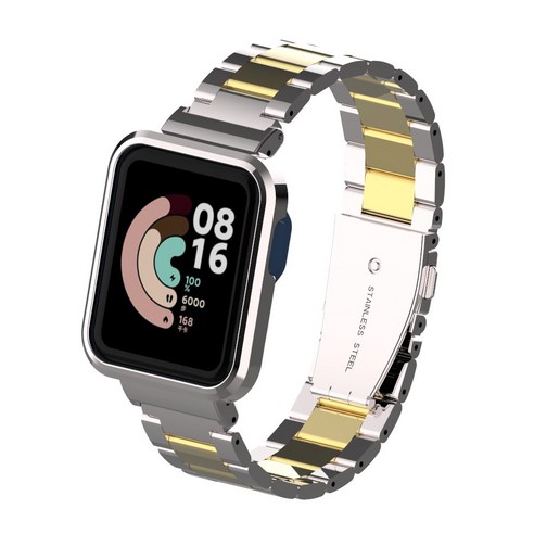 케이스 + 스트랩 Xiaomi Mi Watch Lite 스테인레스 스틸 금속 팔찌 Redmi 시계 스트랩 손목 밴드 시계 밴드 Mi Watch Lite, Silver+Gold, for Mi Watch Lite