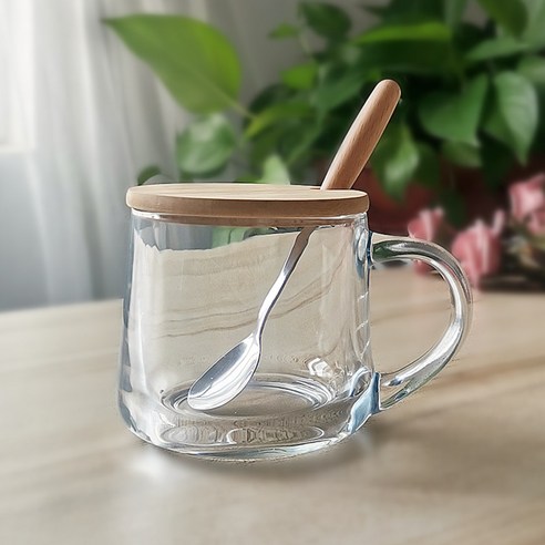 유리컵 빨대 우유 아침컵 귀엽다 만화 눈금 컵 덮개 숟가락 선물 글씨, 301-400ml, 380ml 투명+대나무 덮개+나무 주걱
