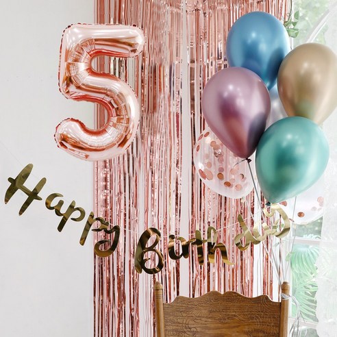 파티스토어 생일파티 4종세트 _ 홈파티세트 파티용품세트, 생일파티 4종세트(메탈크롬)_숫자풍선(로즈골드)_5