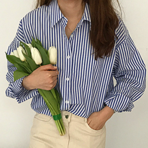 체리블라썸 여성 오버핏 데일리 카라넥 컬러 스트라이프 기본 셔츠
