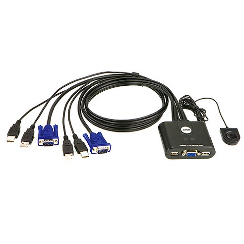 에이텐 CS22U KVM 스위치는 USB와 RGBVGA 포트를 지원하며, 케이블일체형으로 간편한 설치와 리모콘 지원 기능이 특징입니다.