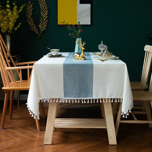 다국적 식탁보 유럽과 미국의 레이스 면 마 원단 줄무늬 심플한 사각형 식탁 깔개 탁자보, 에른수미, 하늘색, 수술 식탁보