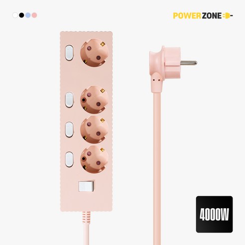 파워존 4000W 고용량 웨이브 개별스위치 과부하차단 4구 멀티탭 콘센트 50cm 1.5m 3m 5m 7m, 개별스위치 4구50cm 파스텔핑크, 1개