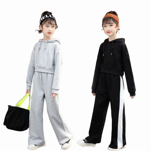 어린 여아를 위한 운동복 세트 – 크롭 후드티와 밴딩 슬랙스 팬츠로 구성된 투피스 – 초등생용 어린이크롭티